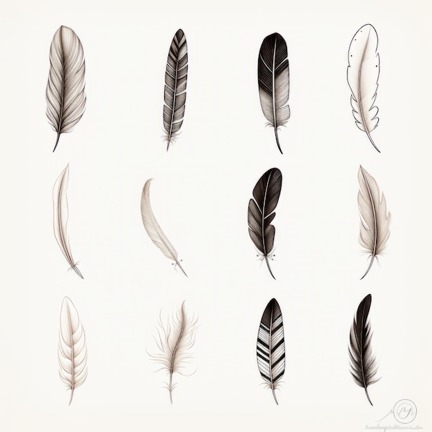 Dessins au trait minimalistes de panache de plumes sur fond blanc