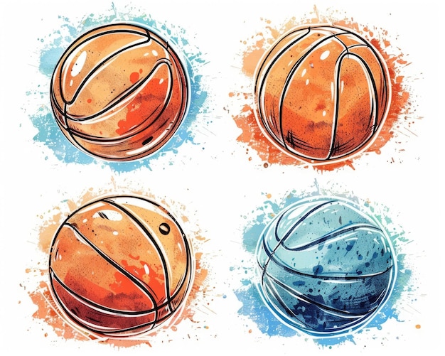 Photo des dessins de basket-ball de style sportif avec le nom de l'équipe quatre versions d'illustration pour les flyers de t-shirts