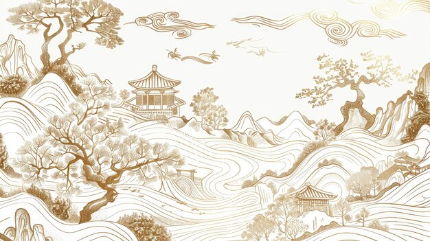 Des dessins chinois depuis des siècles sur fond blanc avec des lignes dorées et des motifs comme des théiers