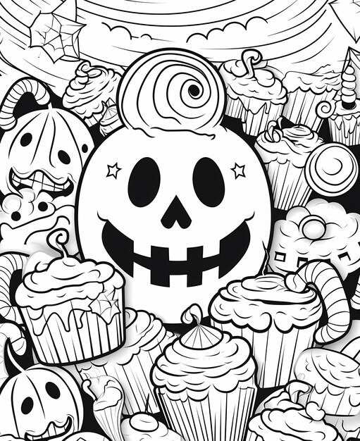 Photo dessins à colorier de bonbons colorés d'halloween avec des lignes d'art ludiques pour enfants
