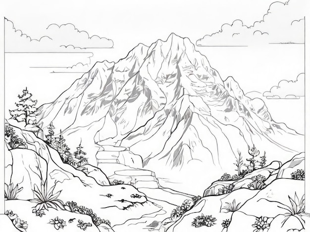 dessins de contour d'une montagne en noir et blanc