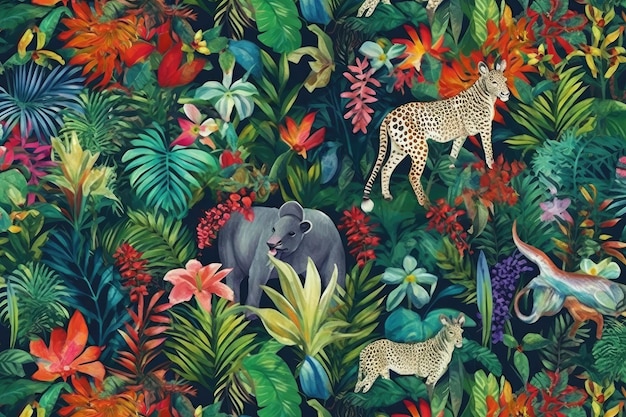 Photo des dessins exotiques tropicaux avec des animaux et des fleurs aux couleurs vives et une végétation luxuriante.