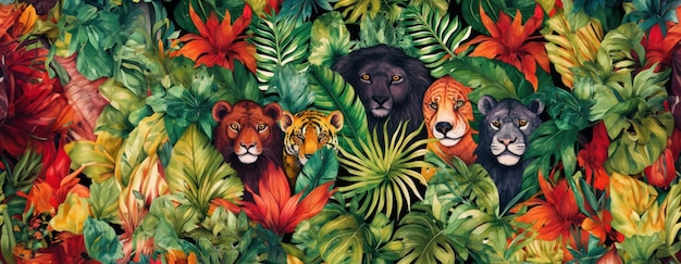 Photo des dessins exotiques tropicaux avec des animaux et des fleurs aux couleurs vives et une végétation luxuriante.