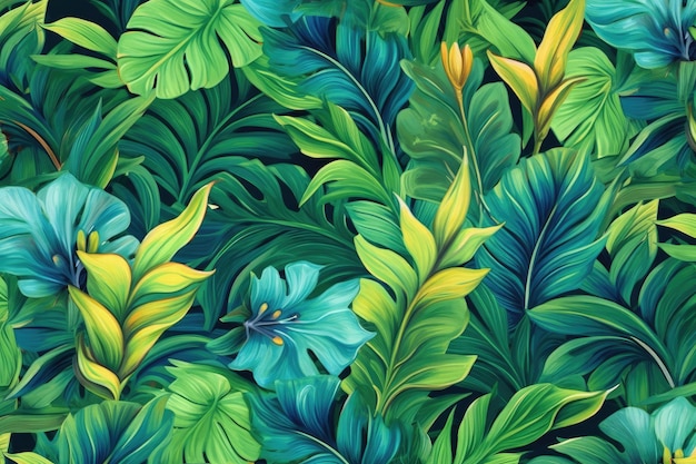 Des dessins exotiques tropicaux avec des animaux et des fleurs aux couleurs vives et une végétation luxuriante.