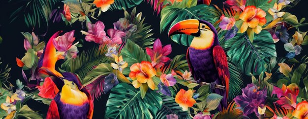 Des dessins exotiques tropicaux avec des animaux et des fleurs aux couleurs vives et une végétation luxuriante.