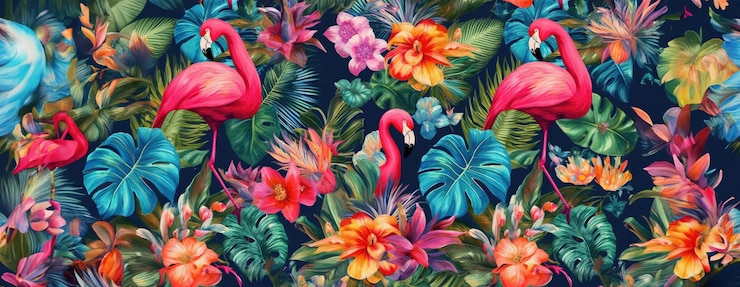 Photo des dessins exotiques tropicaux avec des animaux et des fleurs aux couleurs vives et une végétation luxuriante.