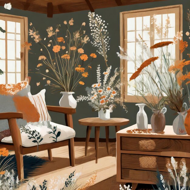 Photo des dessins de fleurs sauvages chaleureux, des tons terriens chauds, des meubles de style cottage, des textiles confortables.