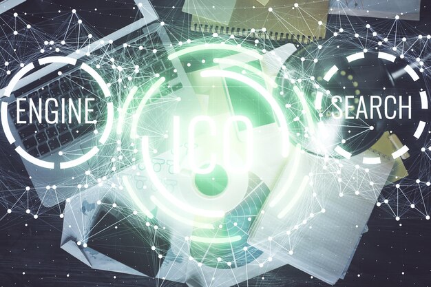 Dessins d'hologrammes sur le thème de la blockchain sur ordinateur sur fond d'écran Vue de dessus Double exposition