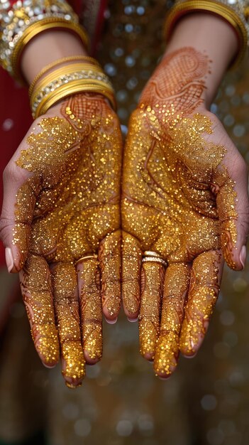 Des dessins intricats en henné sur les mains d'une jolie mariée indienne à son mariage