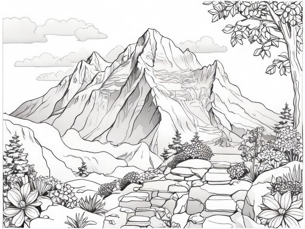 Des dessins d'une montagne en noir et blanc