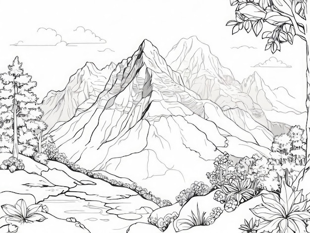 Des dessins d'une montagne en noir et blanc