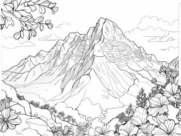 Des dessins d'une montagne en noir et blanc