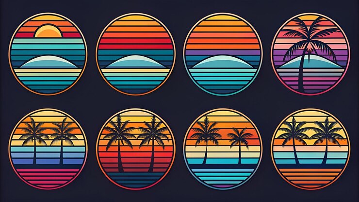 Photo des dessins rétro du soleil couchant sur l'océan