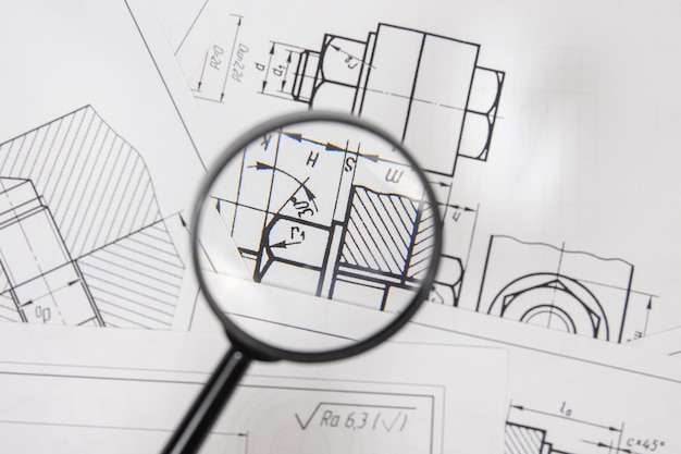 Dessins techniques de pièces et de mécanismes industriels à travers une loupe