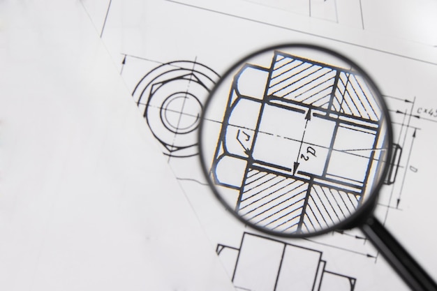 Dessins techniques de pièces et de mécanismes industriels à travers une loupe