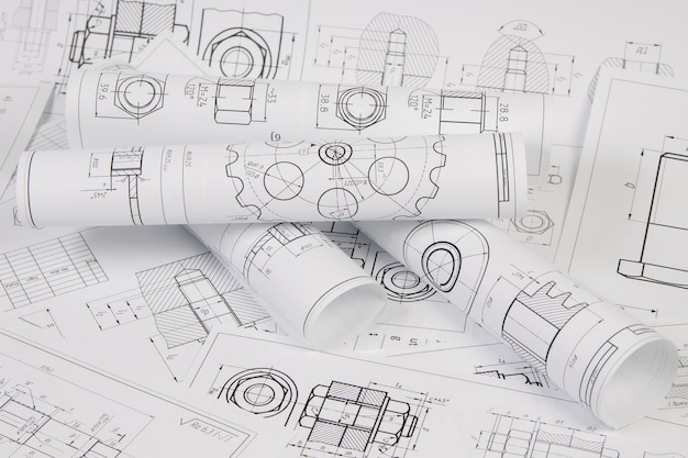 Photo dessins techniques de pièces et mécanismes industriels