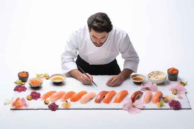 Photo sur le dessus d'un chef qui enroule des sushis dans la mer.