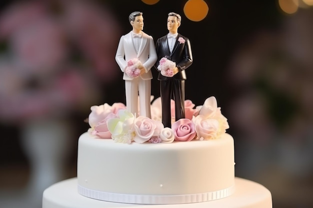 Photo le dessus du gâteau avec des figures mignonnes de deux gars charmants bonbons de mariage ensemble pour toujours gâteau de mariage gay