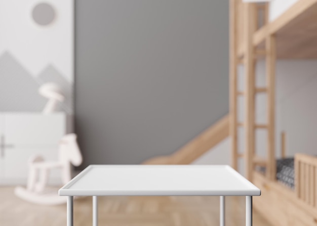 Dessus de table blanc vide et intérieur flou de la chambre des enfants en arrière-plan Espace de copie pour la présentation de votre jouet de produit d'objet Afficher la publicité de promotion rendu 3D