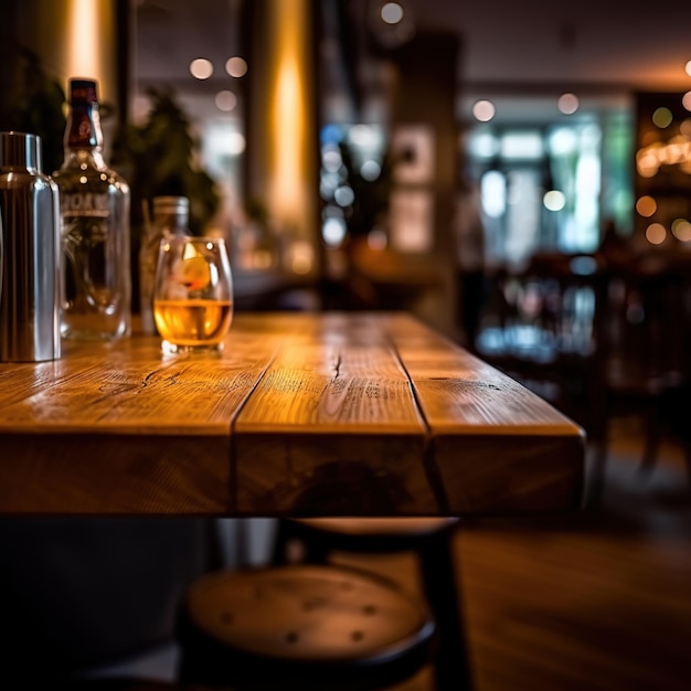 dessus de table en bois avec arrière-plan flou du restaurant