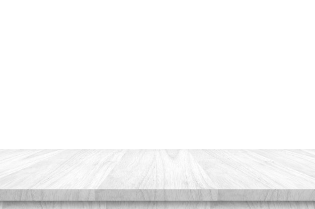 Dessus de table en bois blanc vide isolé sur fond blanc