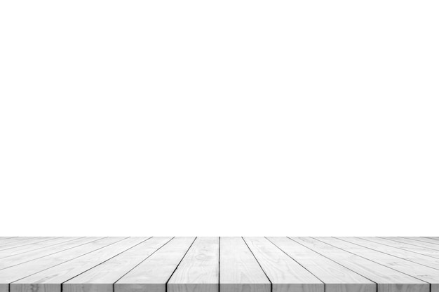 Dessus de table en bois blanc vide isolé sur fond blanc