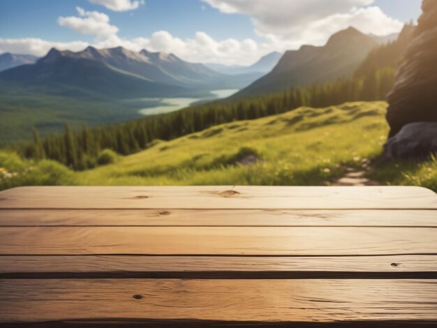 Photo le dessus de table en bois brun vide avec un fond flou du paysage naturel de la norvège image exubérante