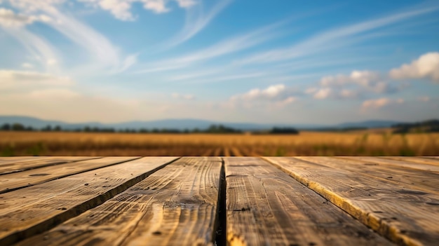 Le dessus de table en bois brun vide avec un fond flou de terres agricoles et de ciel bleu Exube Generative AI
