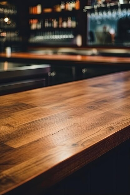 Le dessus de table en bois dans un café avec un fond flou apparaît vide AI générative
