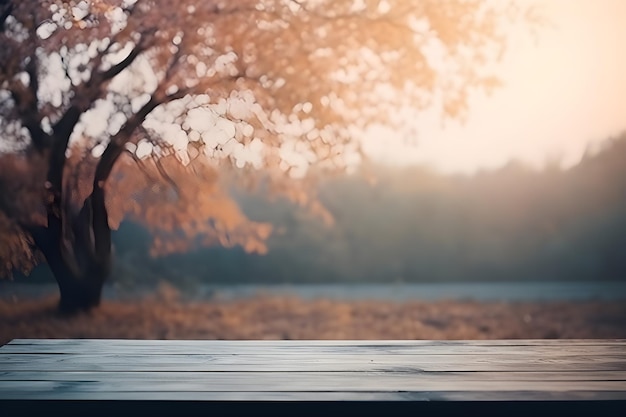 Dessus de table en bois dans la forêt d'arrière-plan flou avec espace de copie vide