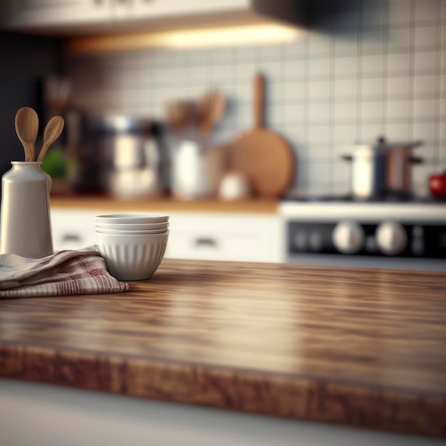 Dessus de table en bois élégant sur fond de cuisine floue - Idéal pour les présentations de produits