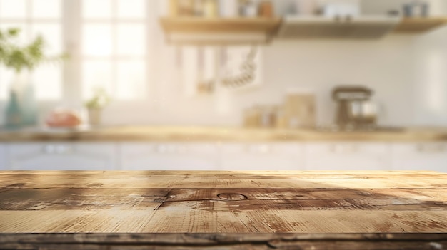 Le dessus de table en bois sur un fond de cuisine flou peut être utilisé pour le montage de produits d'IA générative.