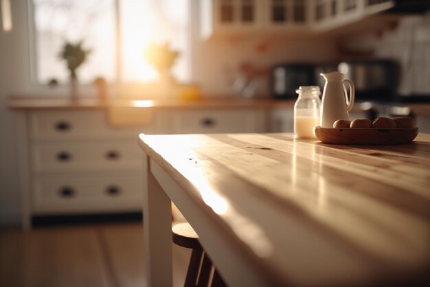 Dessus de table en bois avec fond de cuisine floue