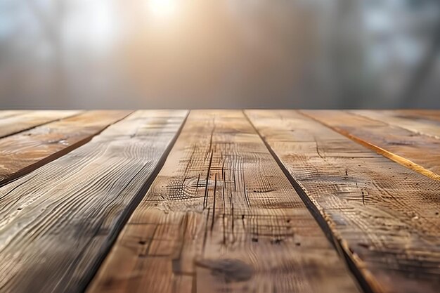 Photo un dessus de table en bois avec un fond flou d'arbres en arrière-plan et un rayon de soleil dans le ciel