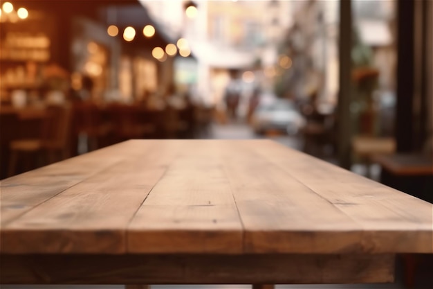 Dessus de table en bois avec fond flou de café ou de café-restaurant Contenu généré par l'IA