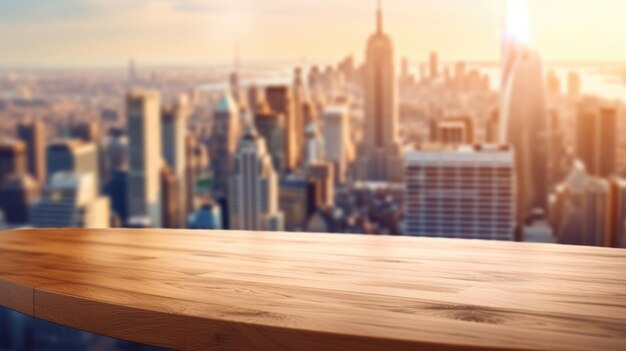 Le dessus de la table en bois avec un fond flou de l'intérieur du bureau moderne avec le paysage urbain le matin Image exubérante