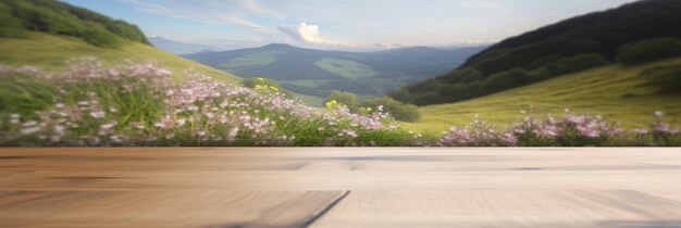 Dessus de table en bois sur fond de hautes montagnes vertes et de fleurs printanières et générative skyAi