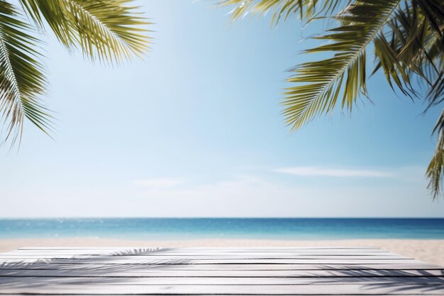 Dessus de table en bois avec fond de plage d'été créé avec l'IA générative