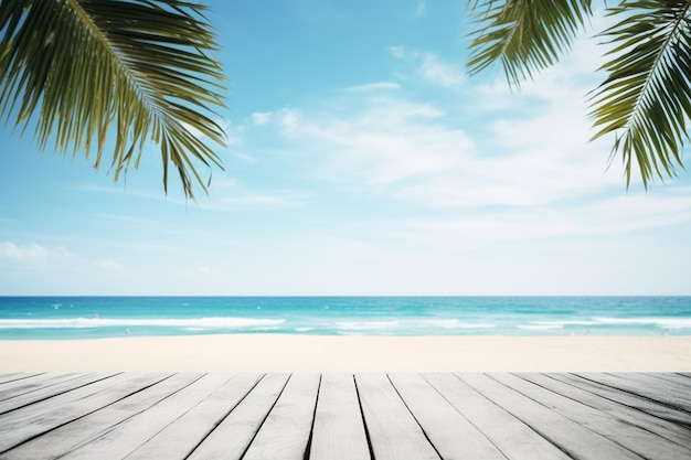 Dessus de table en bois avec fond de plage d'été créé avec l'IA générative