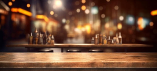 Dessus de table en bois avec fond de restaurant Blurred Bar