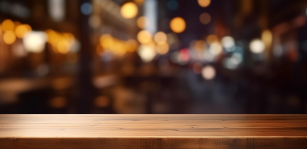 Dessus de table en bois avec fond de restaurant Blurred Bar