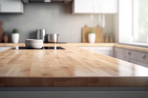 Dessus de table en bois sur fond de salle de cuisine flou généré par l'IA