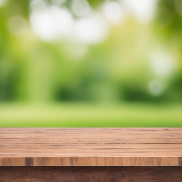 Le dessus de table en bois sur un fond vert flou peut être utilisé pour le montage ou l'affichage de vos produits