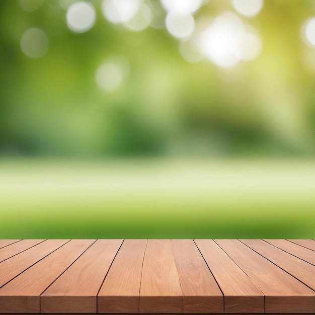 Le dessus de table en bois sur un fond vert flou peut être utilisé pour le montage ou l'affichage de vos produits