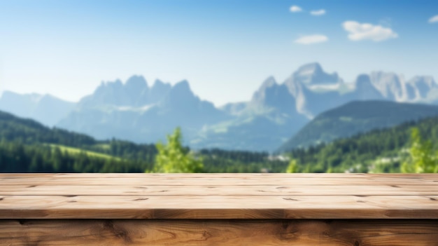 Le dessus de la table en bois sur la montagne de la colline floue un paysage de fond de la nature au lever du soleil avec une planche de bureau peut être u