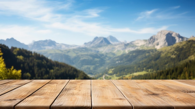 Le dessus de la table en bois sur la montagne de la colline floue un paysage de fond de la nature au lever du soleil avec une planche de bureau peut être u