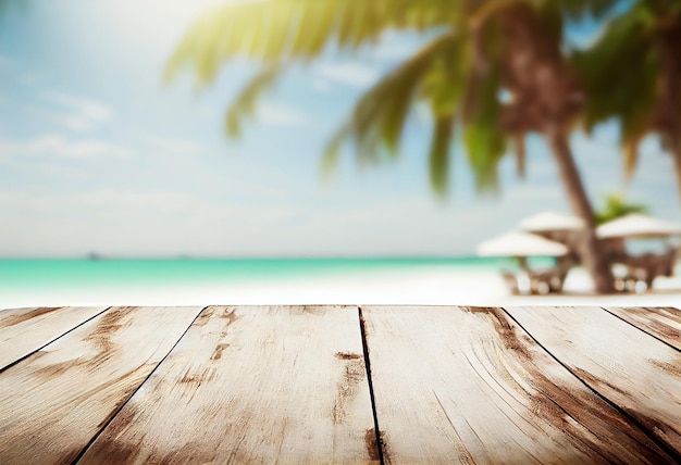 Dessus de table en bois avec paysage marin et feuilles de palmier Vide prêt pour votre montage d'affichage de produit concept de fond de vacances d'été