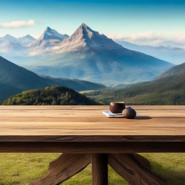 dessus de table en bois avec le paysage de montagne
