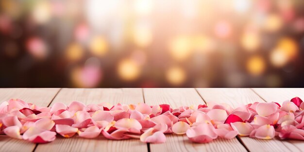 Photo dessus de table en bois avec des pétales de roses épars sur un fond bokeh