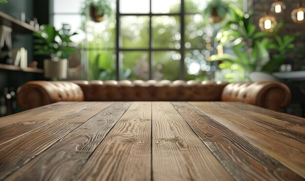 Le dessus de table en bois sur le salon flou a un canapé en cuir et une décoration minimale